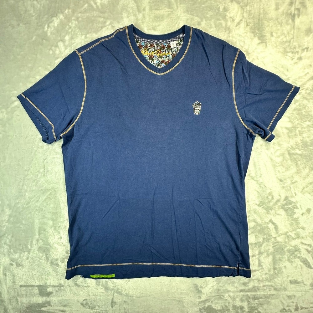 Robert Graham T-Shirt Mens M Blue V-Neck Skull Rose Contrast Stitch Short Sleeve